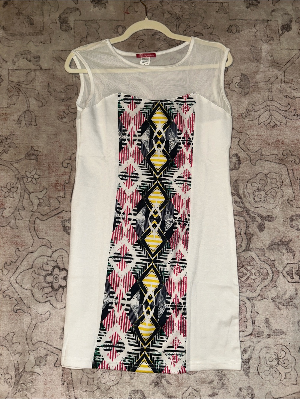 White Sleeveless Mini Dress with Geometric Print Panel